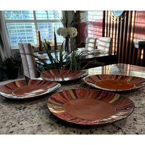 PIER 1 WAVY STRIPE Dinner Plates Hand Painted Stoneware Retired 12"x10" Set of 4